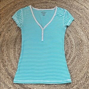 Teal Striped Henley Top 2000s fit full length